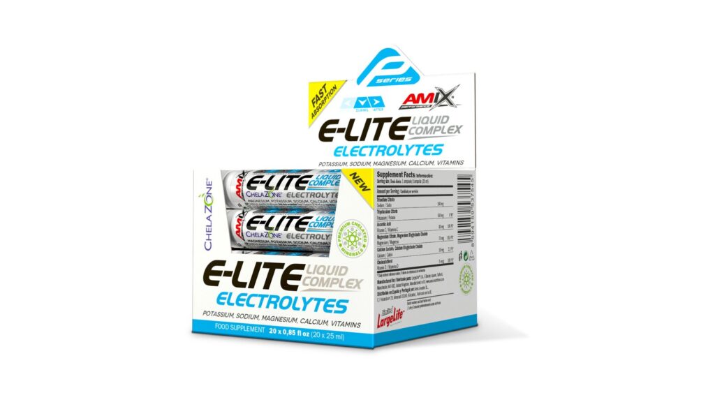 Amix E-Lite Electrolytes Liquid 20 viales x 25 ml. Electrolitos en formato practico para deportes de resistencia.